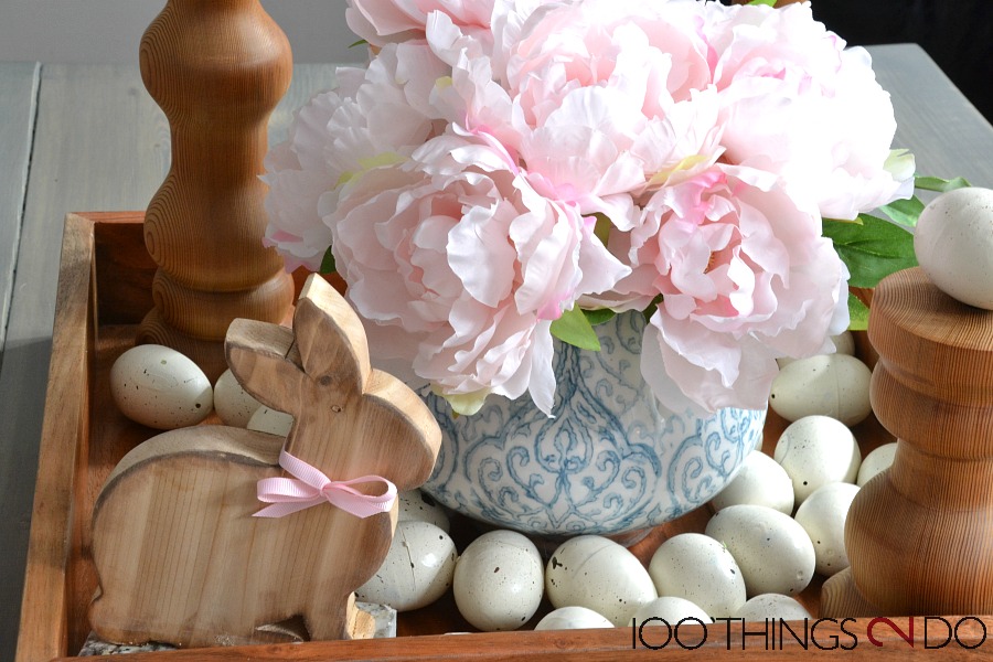 Spring vignette, Easter Vignette, silk flowers, faux flowers, pink peonies, Spring decor, Spring coffee table decor