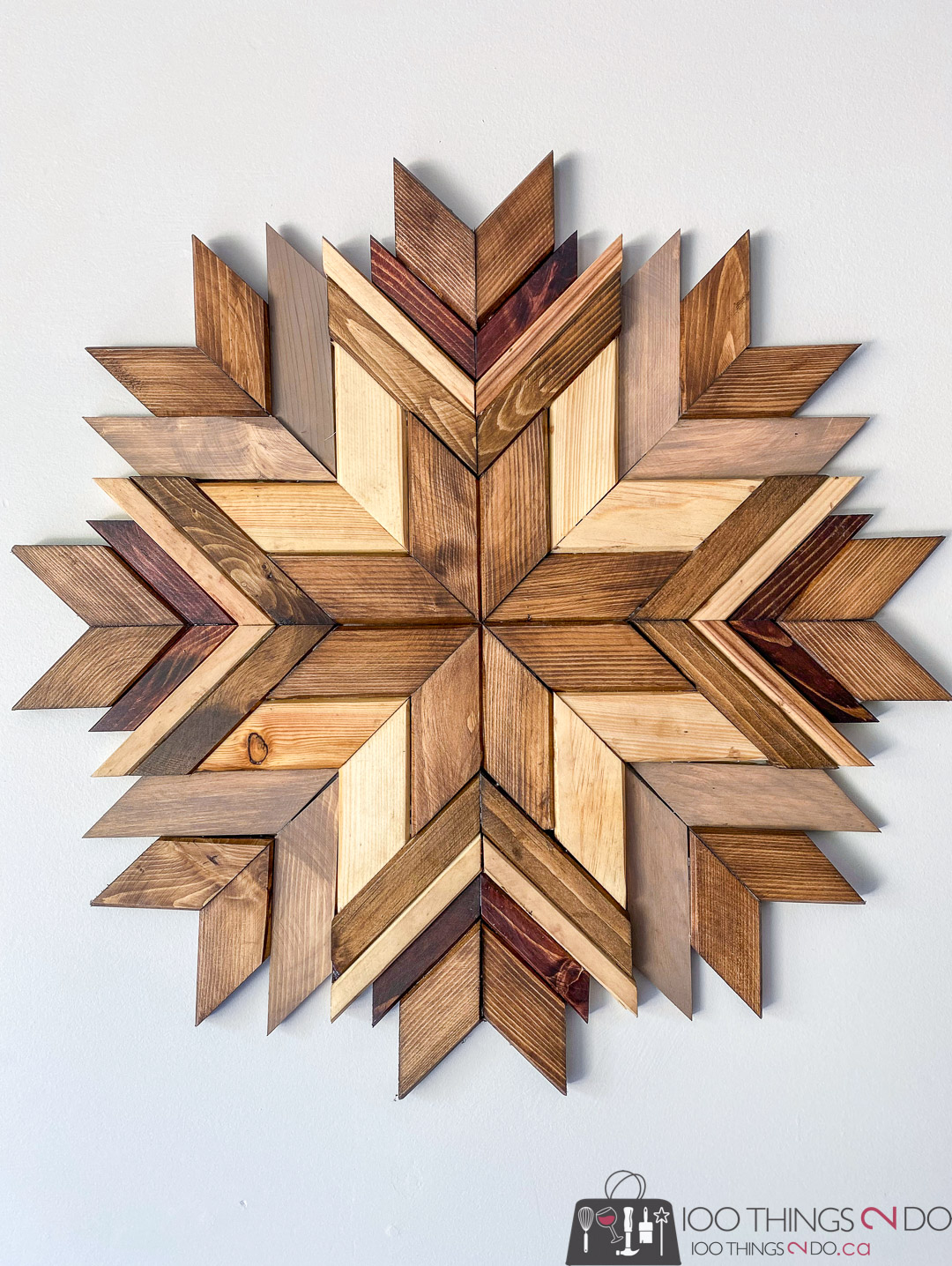 wood art, wood mosaic, wood snowflake, scrap wood project